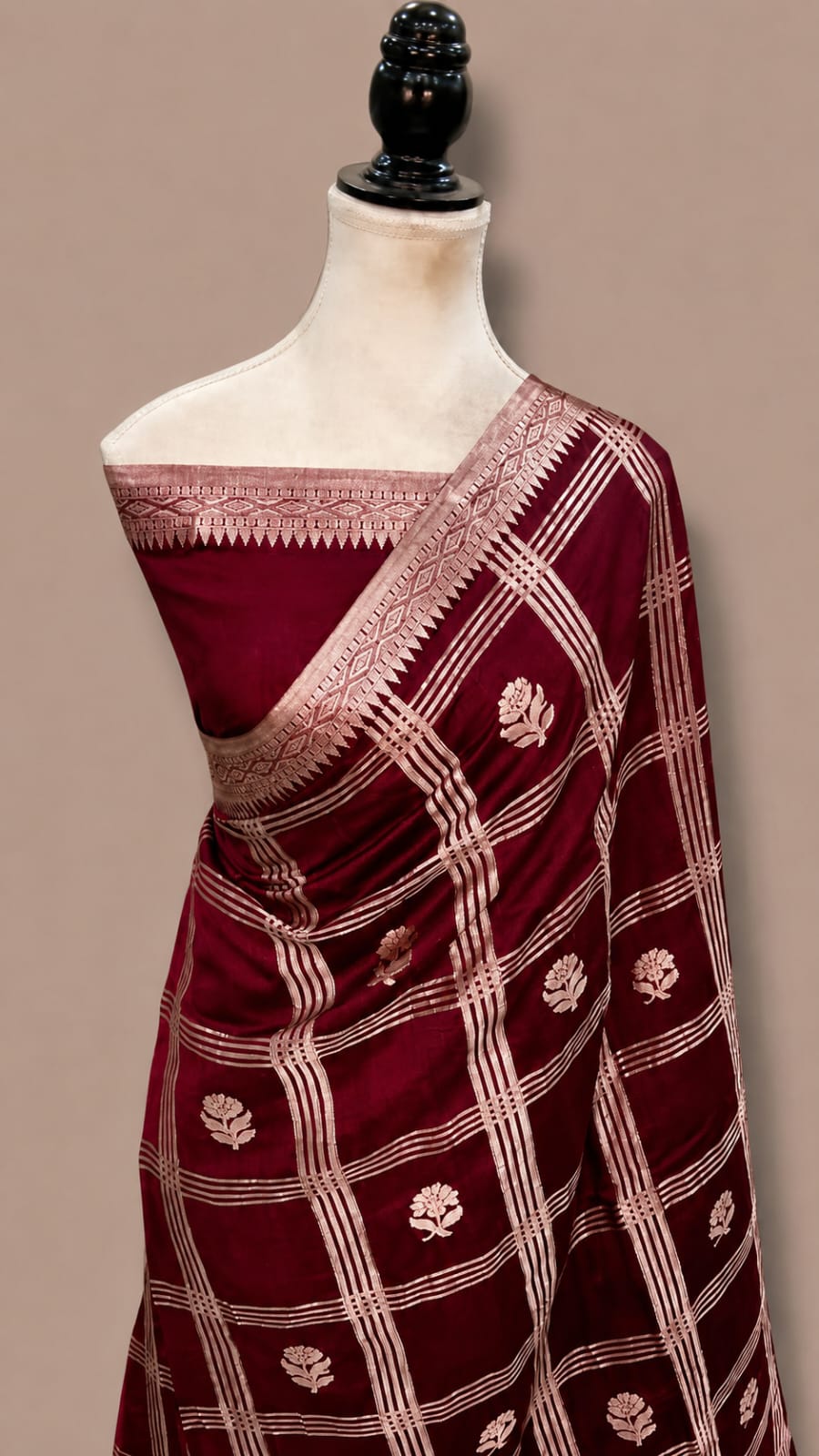 Mango Katan Banarasi Soft Silk Saree with Zari Check Weaving and Floral Boota Work