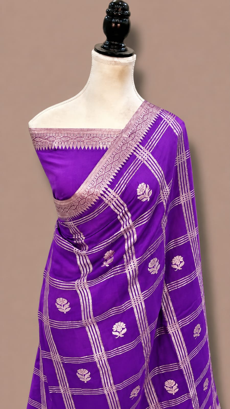 Mango Katan Banarasi Soft Silk Saree with Zari Check Weaving and Floral Boota Work