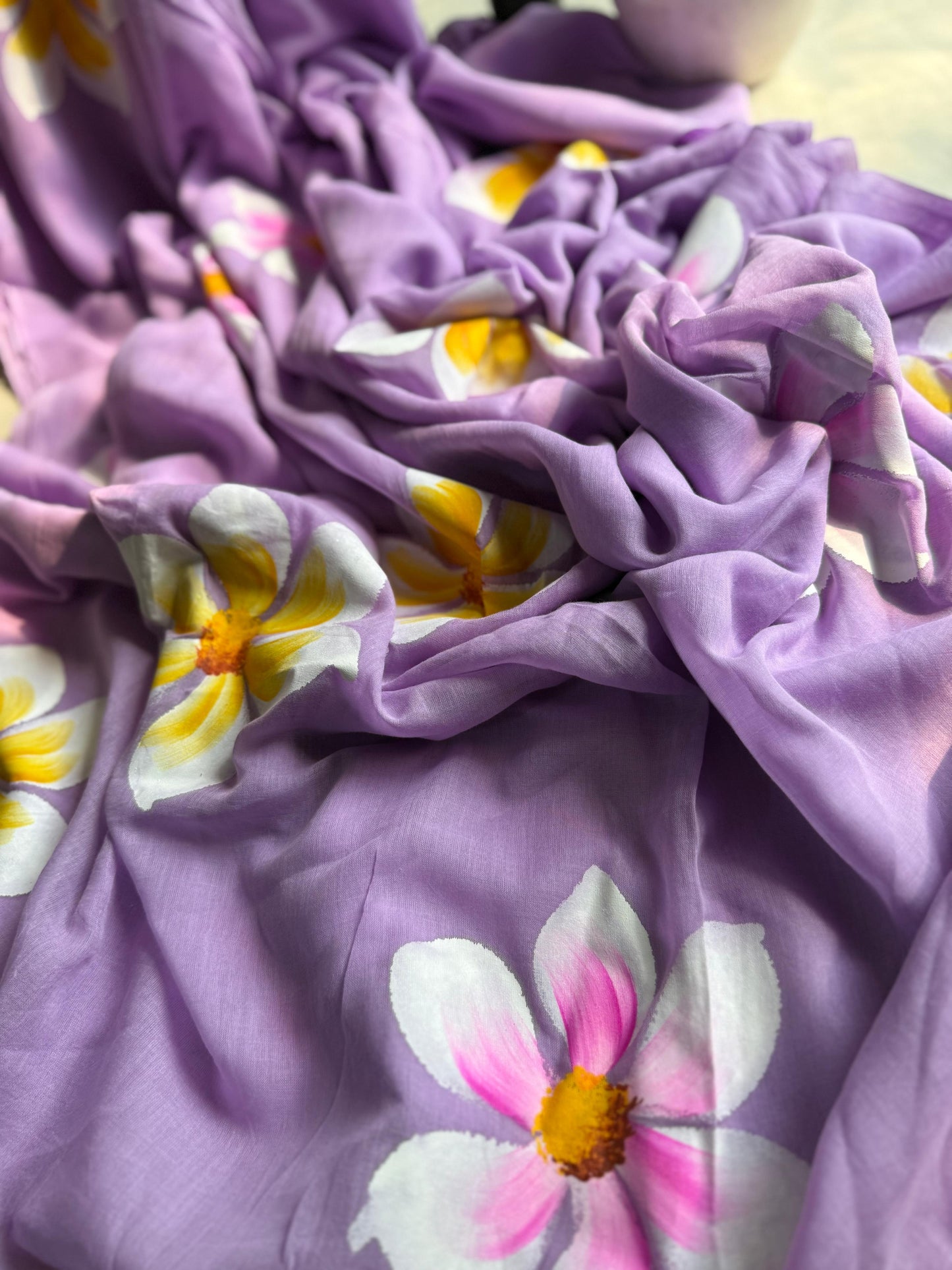 Beautiful Mulmul Cotton Flowers design Hand Painted Saree