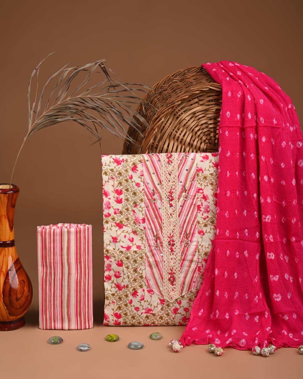 Designer gota patti hand work cotton unstitched suit with chiffon dupatta