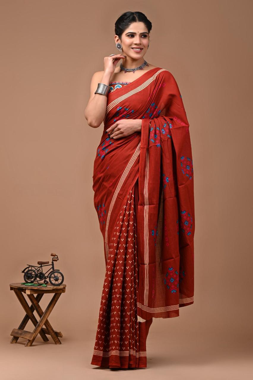 Pure Mulmul Cotton hand block Print Saree with Blouse