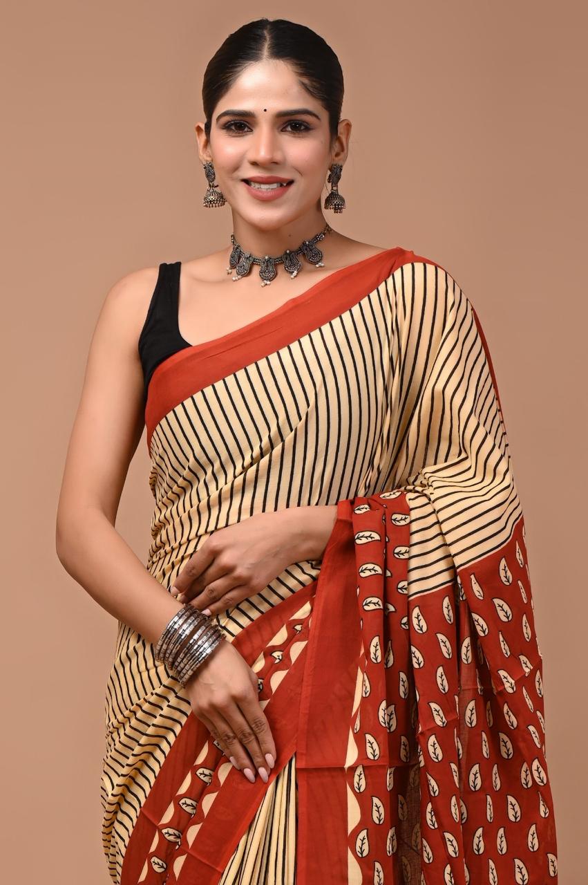 Pure Mulmul Cotton hand block Print Saree with Blouse