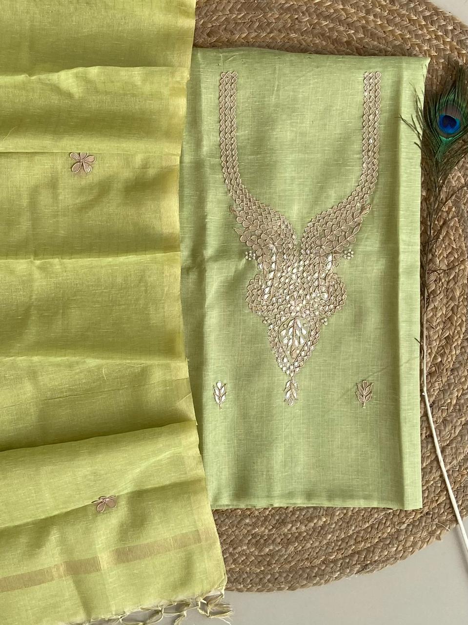 Pure Kota-Doria Unstitched Suit Gota Patti work Work