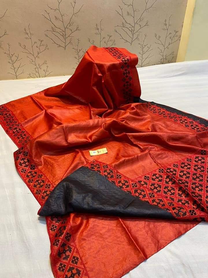 Pure Desi Tussar By Tussar Silk Embroidery Work Saree With Running Blouse.