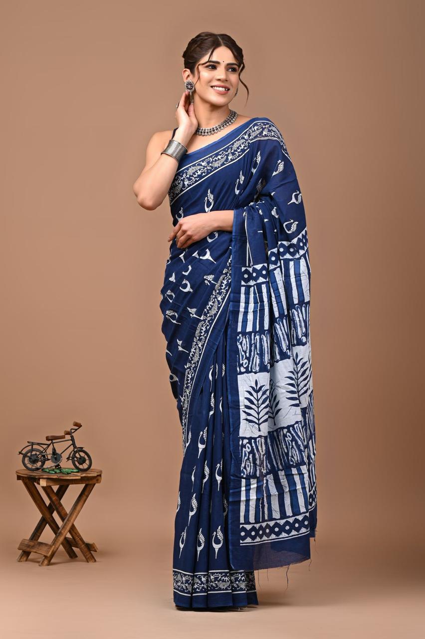Pure Mulmul Cotton hand block Print Saree with Blouse