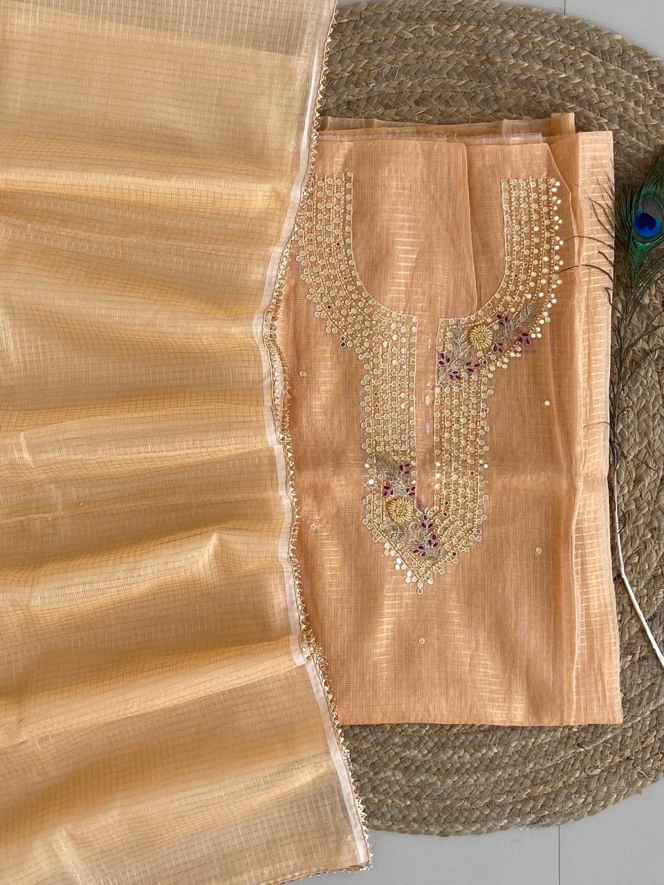 Pure Kota-Doria Unstitched Suit Gota Patti work Work