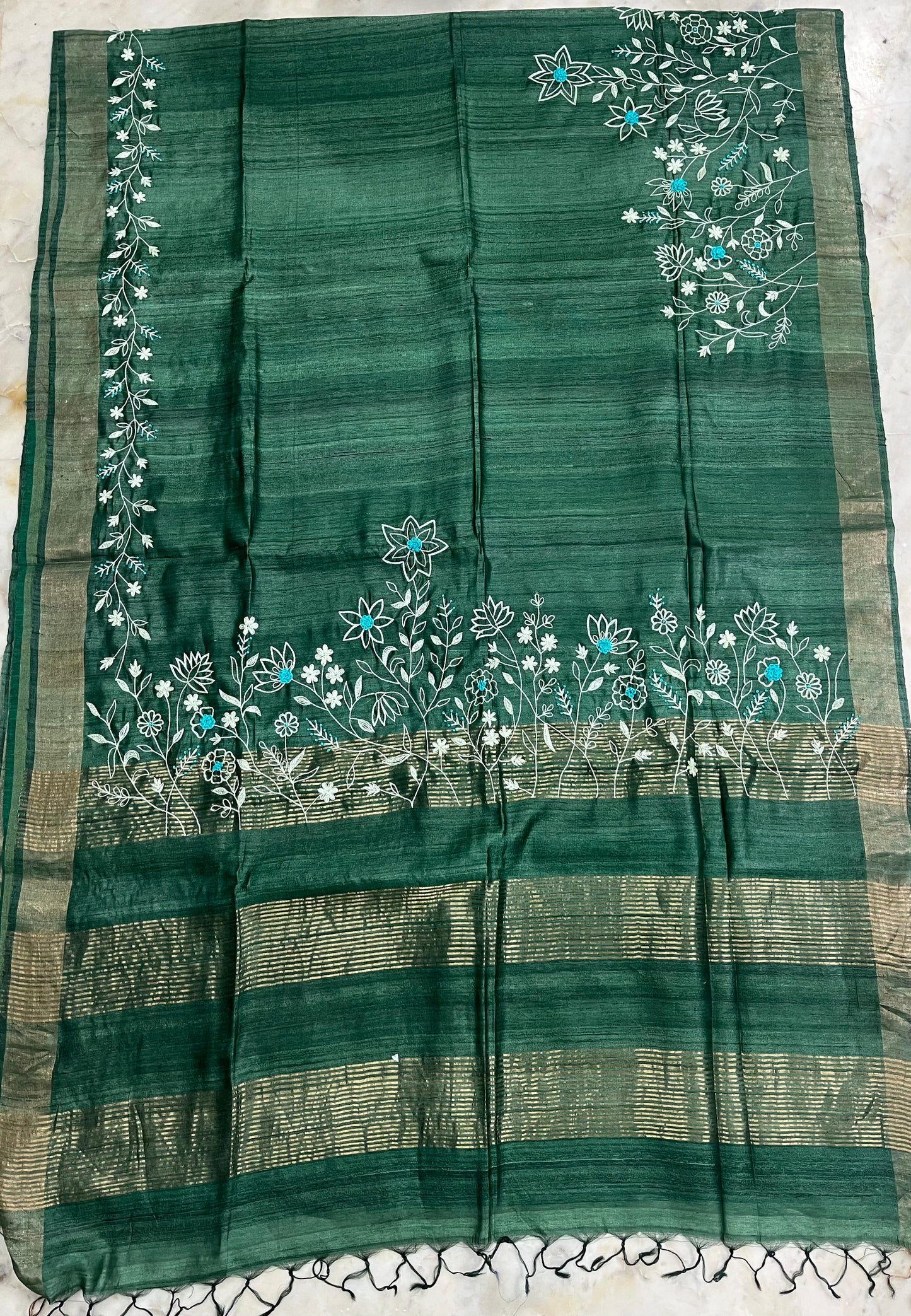 Pure Desi Tussar By Tussar Silk Embroidery Work Saree With Running Blouse