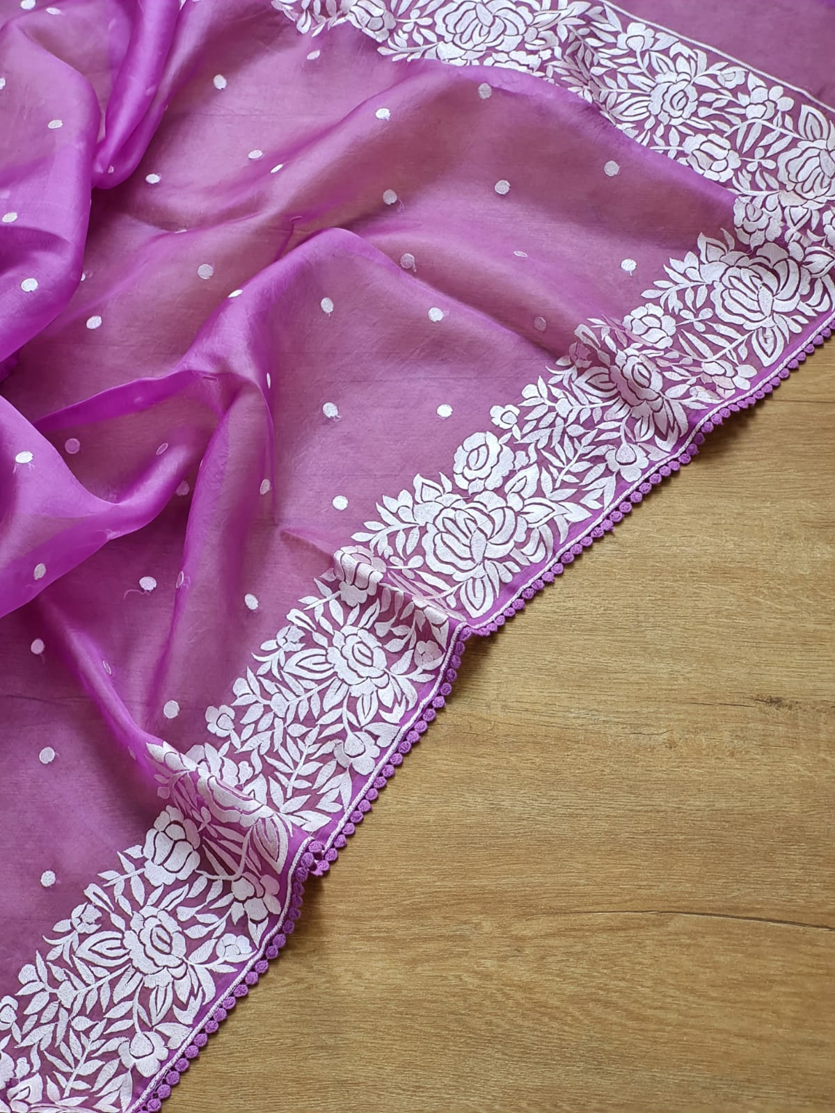 Pure Organza Silk Parsi Embroidery Work Saree With Heavy Blouse