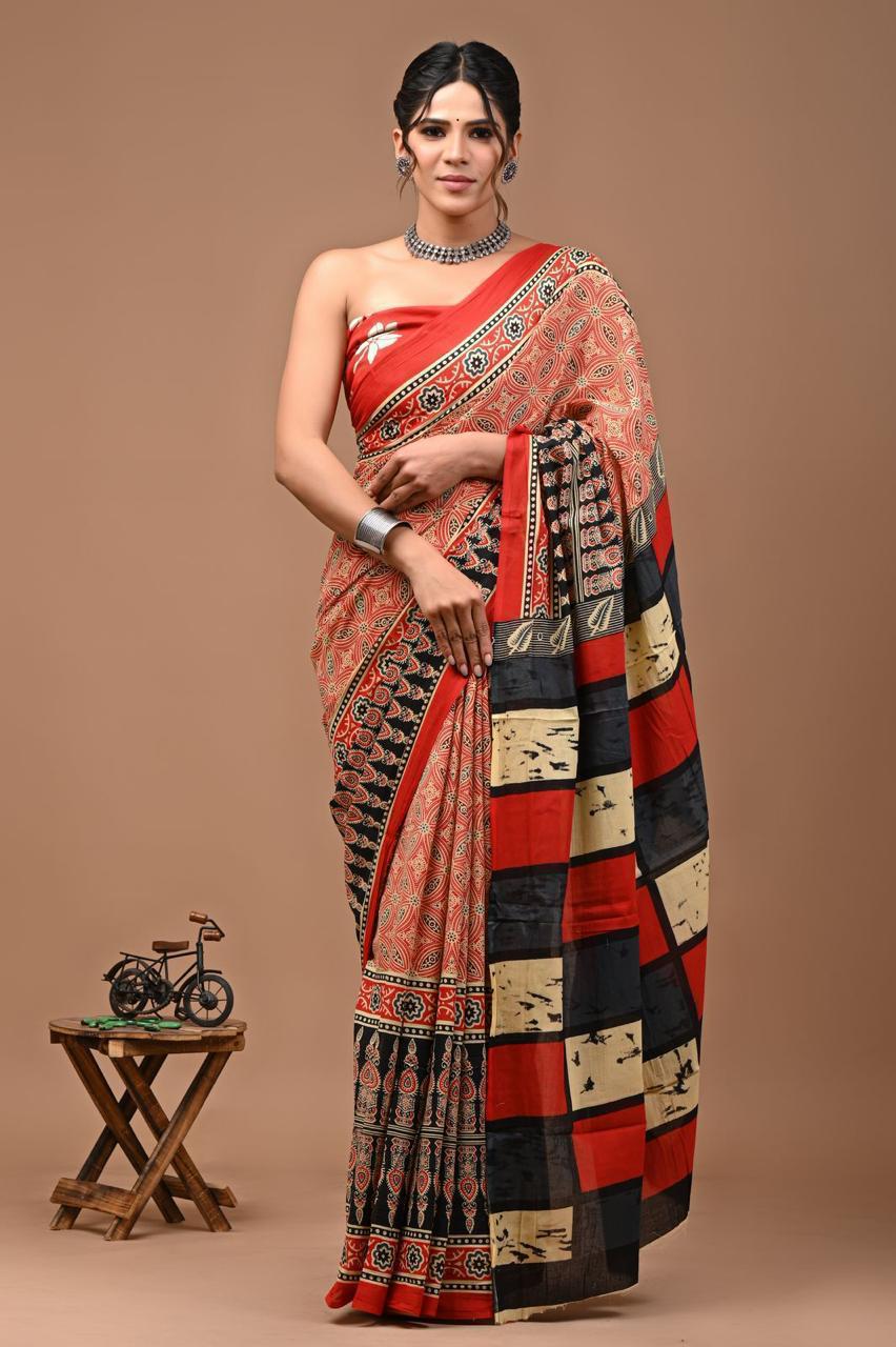 Pure Mulmul Cotton hand block Print Saree with Blouse