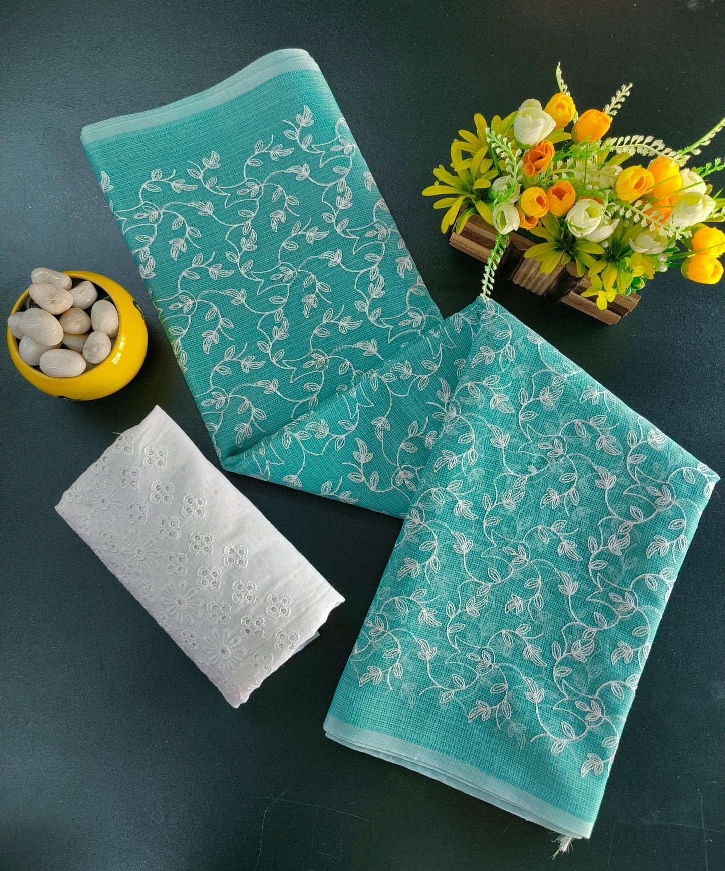 Pure kota Doria Embroidery Work Saree with Chickenkari Blouse