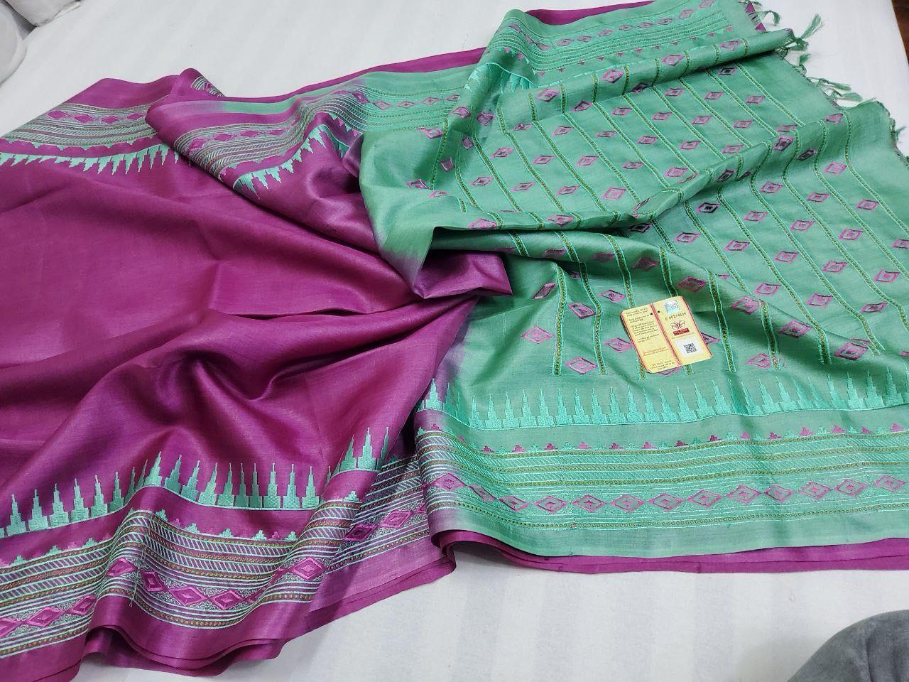 Pure Tussar By Tussar Silk Embroidery Work Saree With Running Blouse.