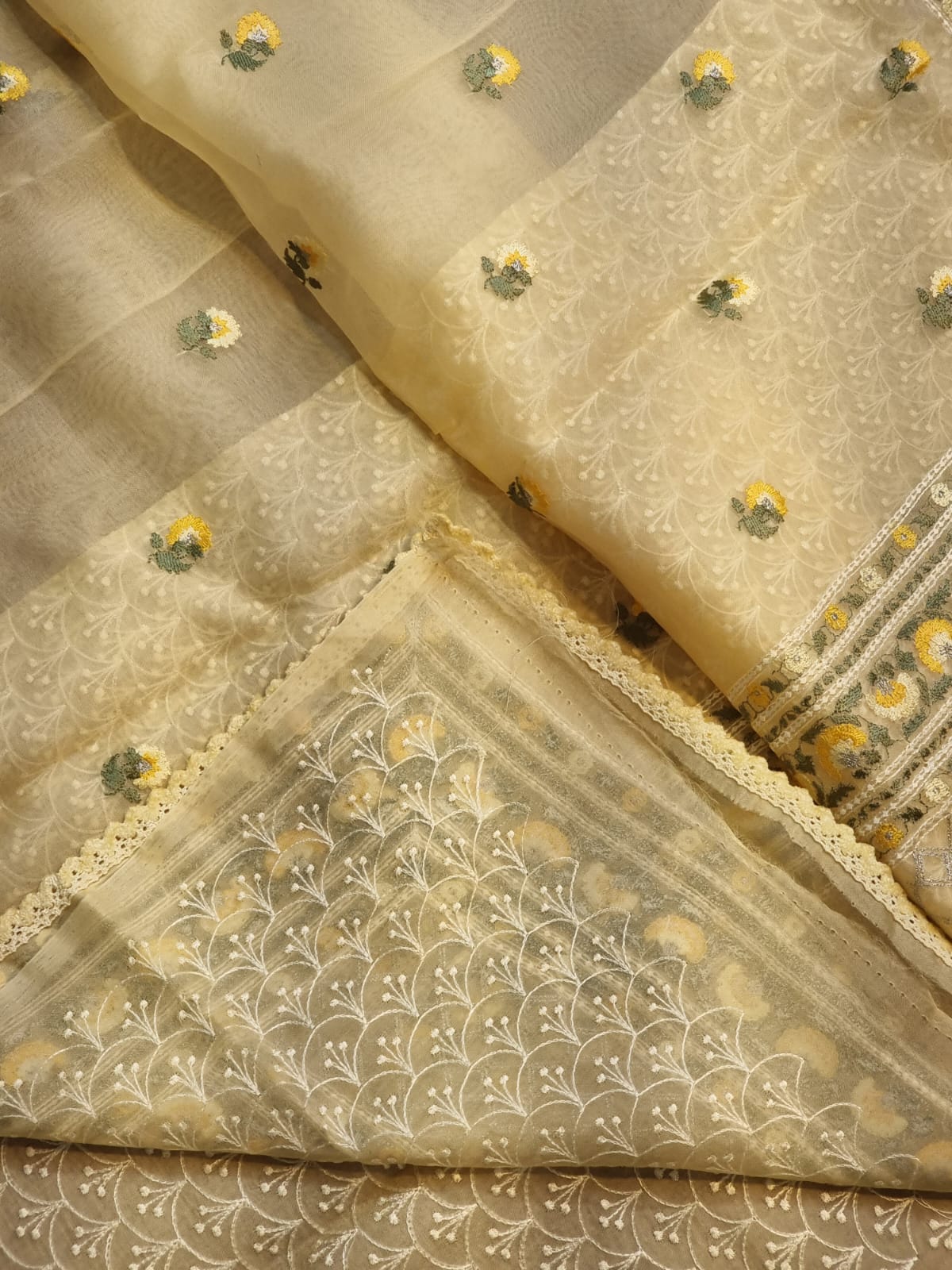 Pure Organza Silk Embroidery Border Buti Saree With Heavy Blouse