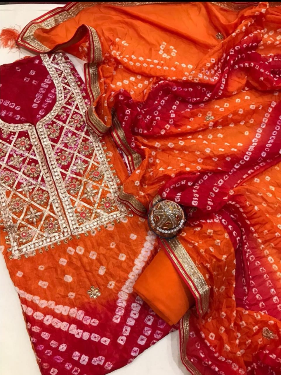 Bandhej Gota patti work Unstitched Suit