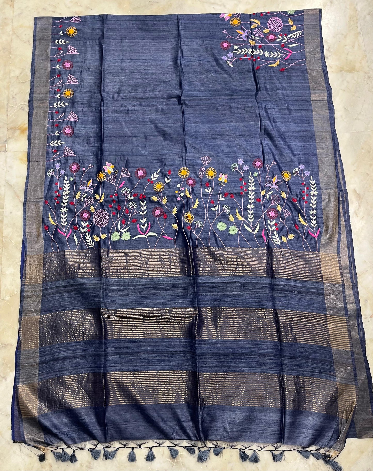 Pure Desi Tussar By Tussar Silk Embroidery Work Saree With Running Blouse