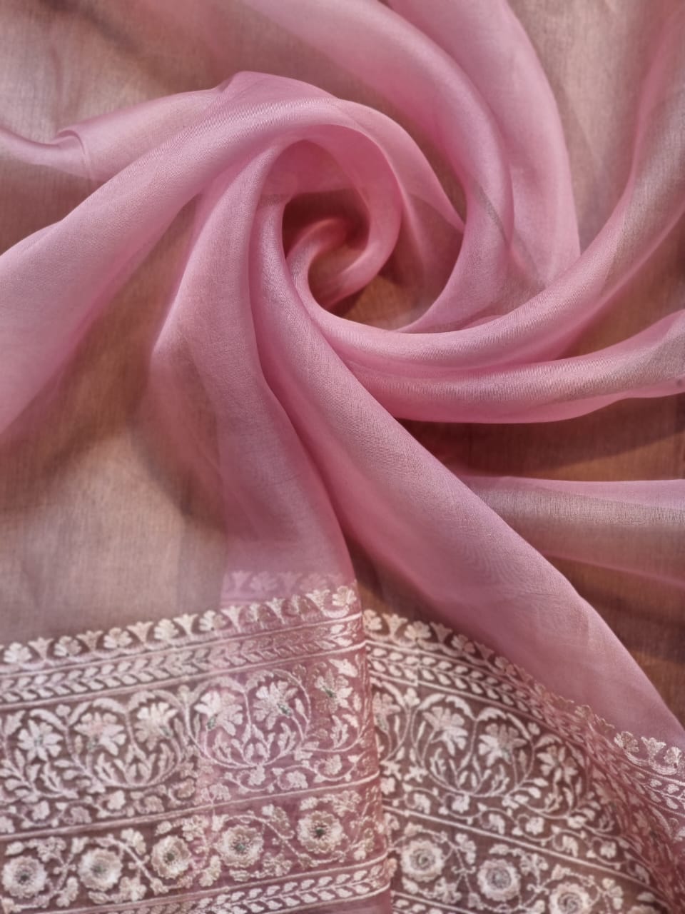 Pure Organza Silk Parsi Embroidery Work Saree With Heavy Blouse