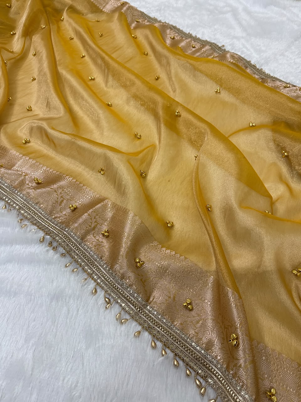Premium Banarasi Tissue Zari Weaving Saree with Ghungroo Handwork Border