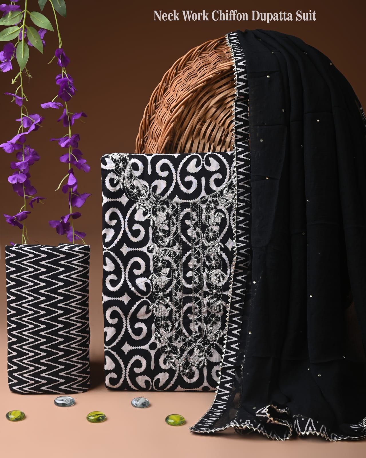 Designer gota patti hand work cotton unstitched suit with chiffon dupatta