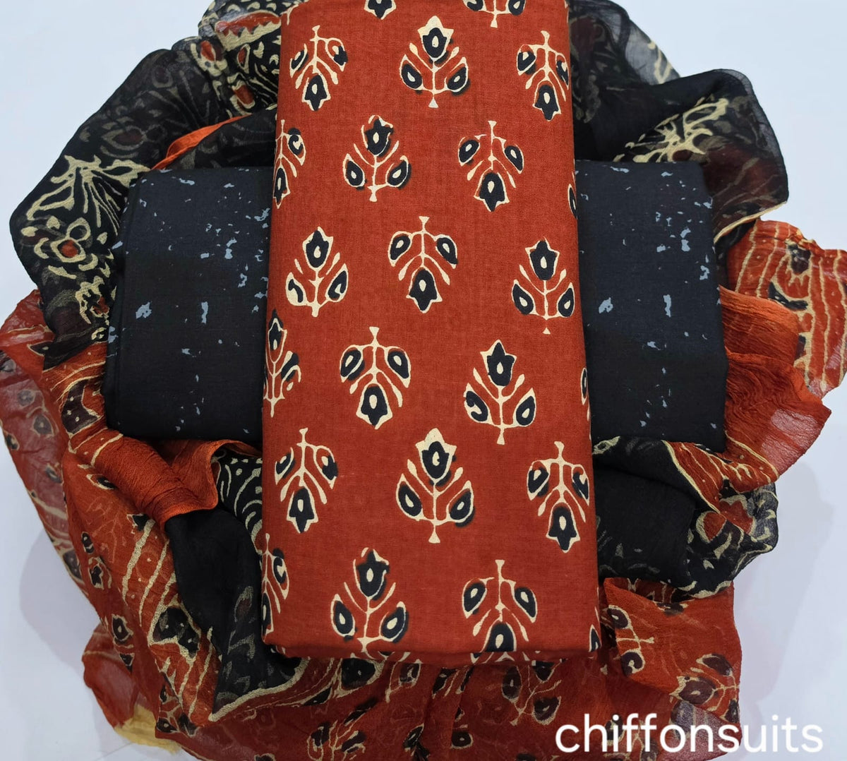 Pure cotton hand-block print suit with Chiffon dupatta