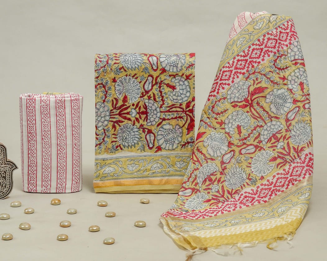 Hand Block Print Chanderi Silk Unstitched Suit