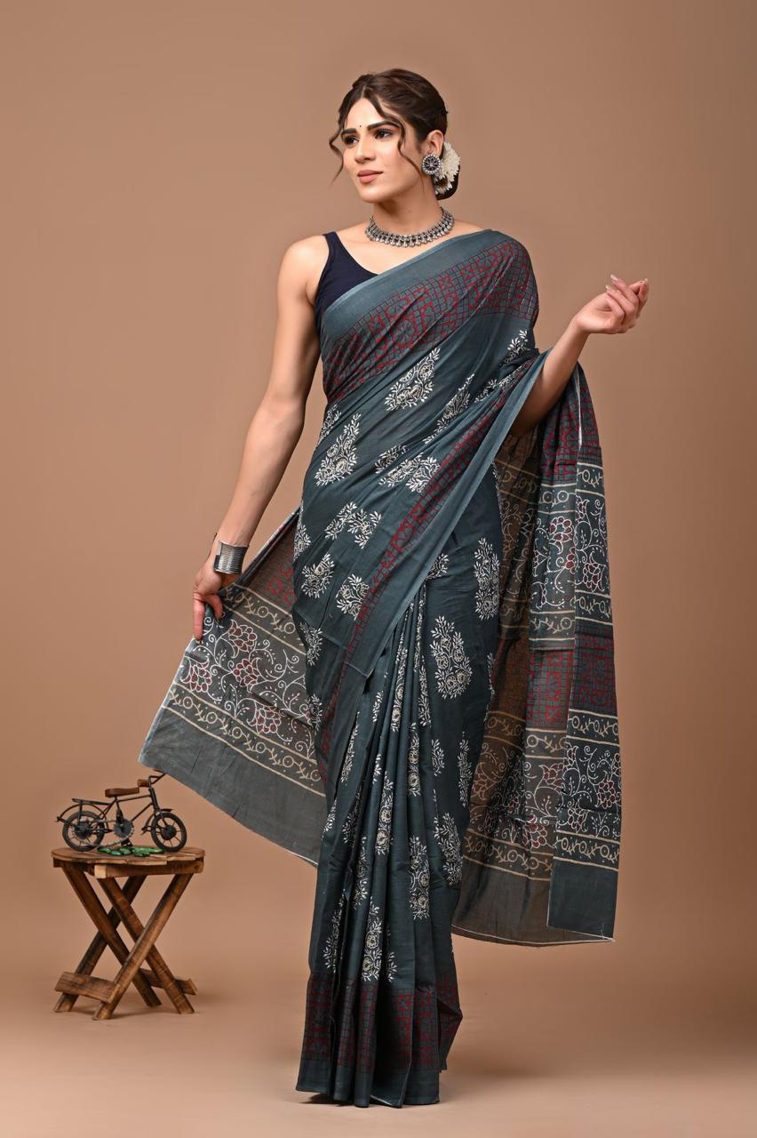 Pure Mulmul Cotton hand block Print Saree with Blouse