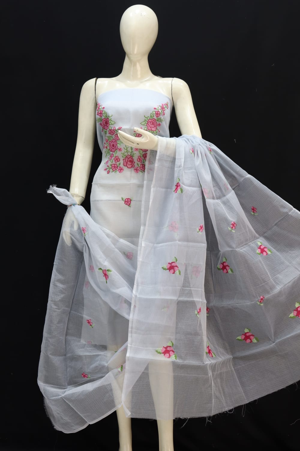 Pure Kota-Doria Unstitched Suit with Embroidey Work