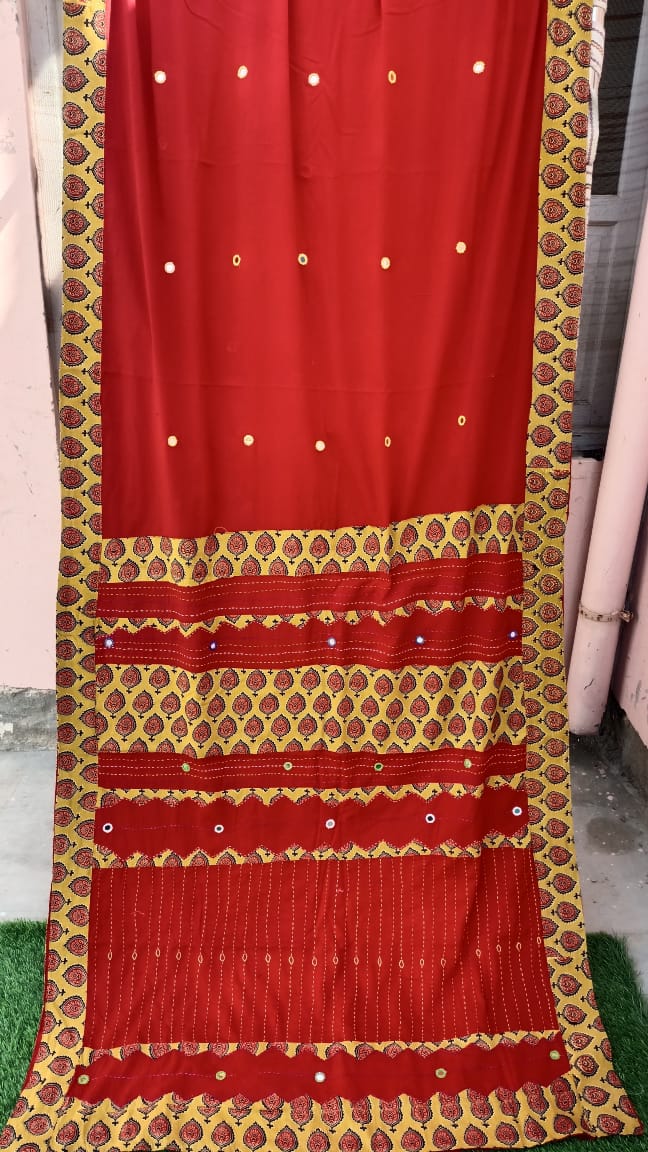 Pure Mul Cotton Saree With Ajrakh Mirror Work
