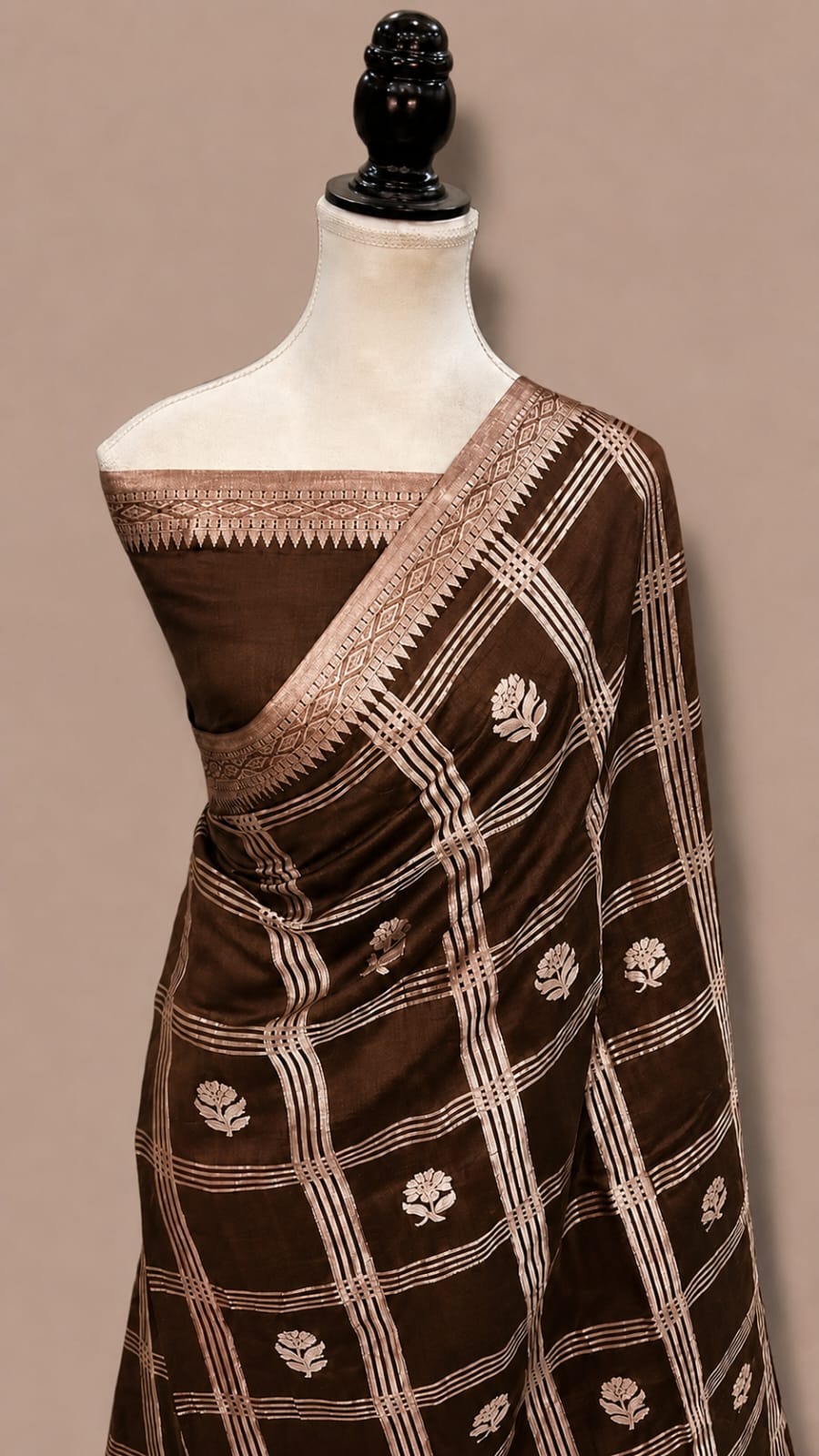 Mango Katan Banarasi Soft Silk Saree with Zari Check Weaving and Floral Boota Work