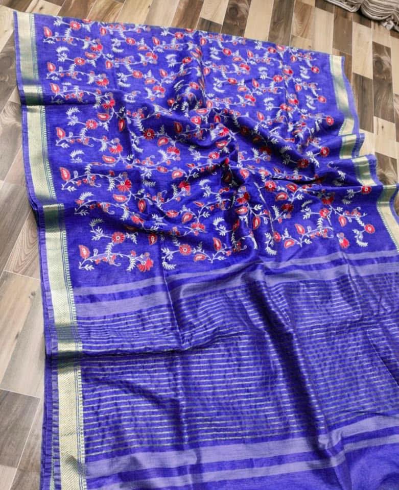 Pure Linen Silk Hand Embroidery Work Saree With Blouse