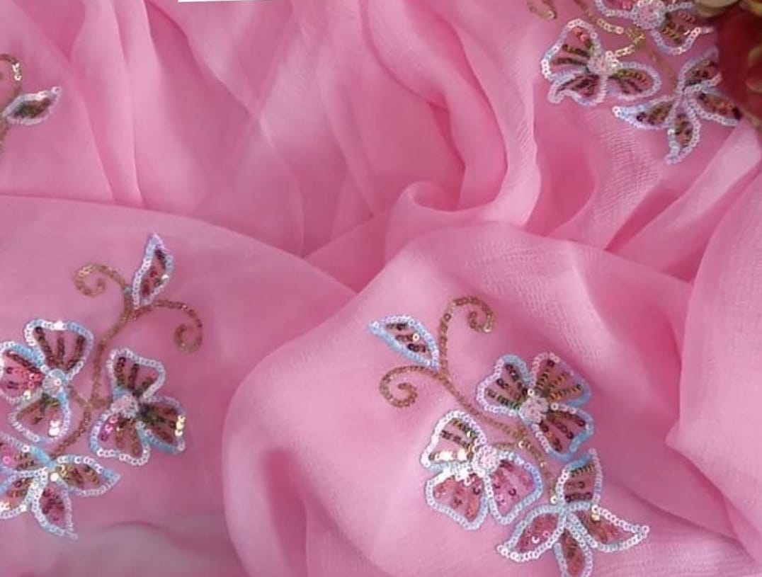 Pure Jaipuri Chiffon Hand-work motif work saree with blouse