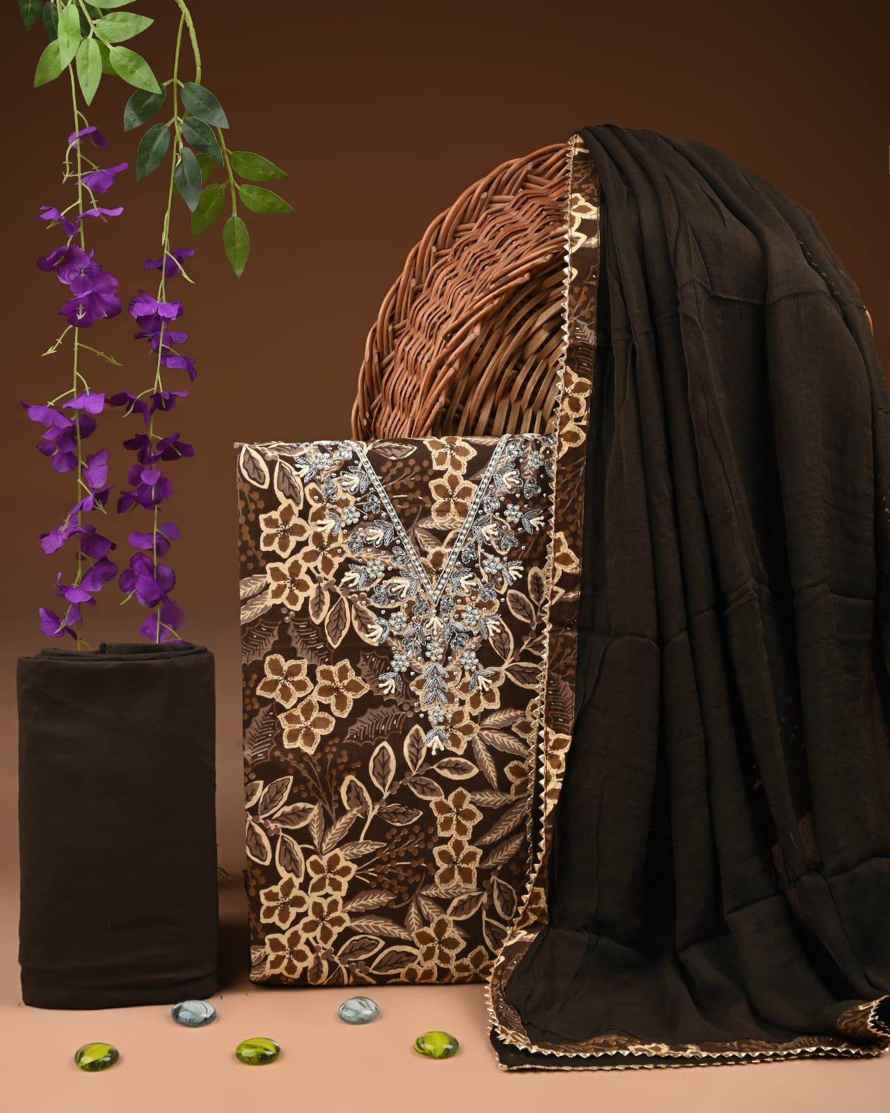 Designer gota patti hand work cotton unstitched suit with chiffon dupatta