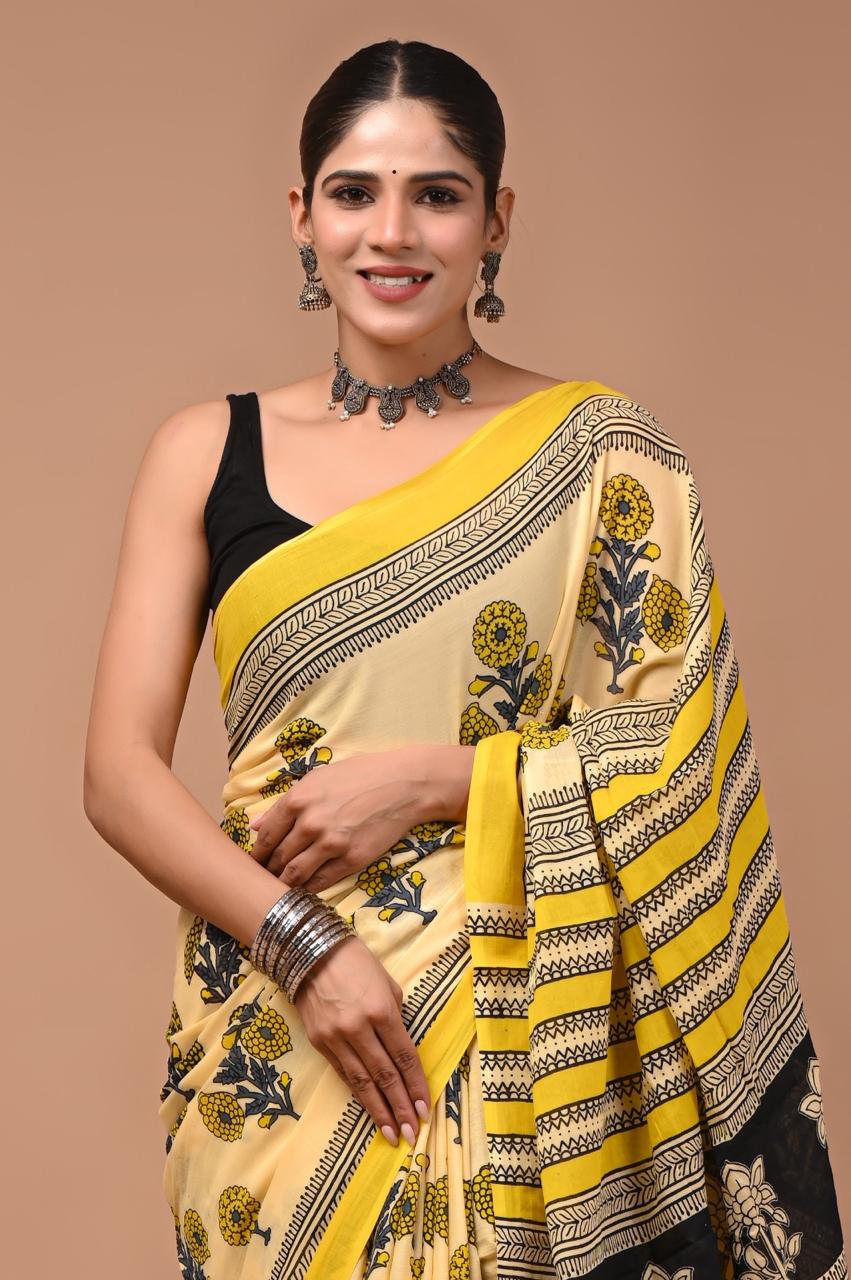 Pure Mulmul Cotton hand block Print Saree with Blouse