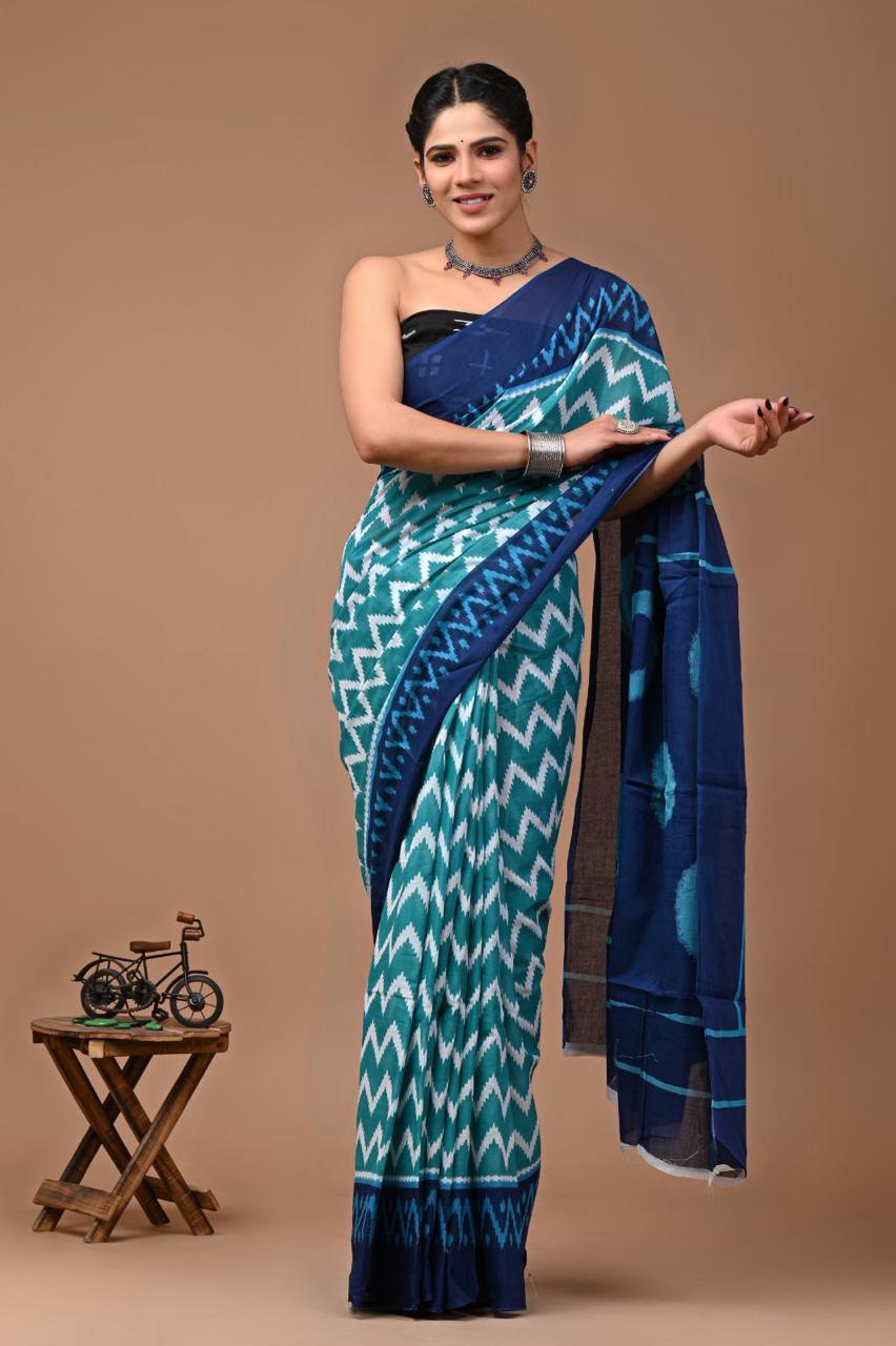 Pure Mulmul Cotton hand block Print Saree with Blouse