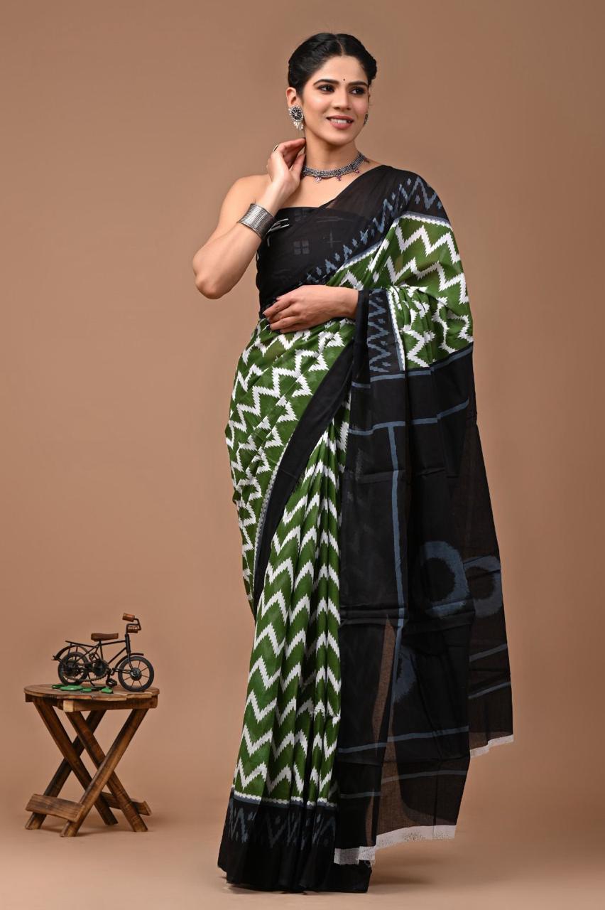 Pure Mulmul Cotton hand block Print Saree with Blouse
