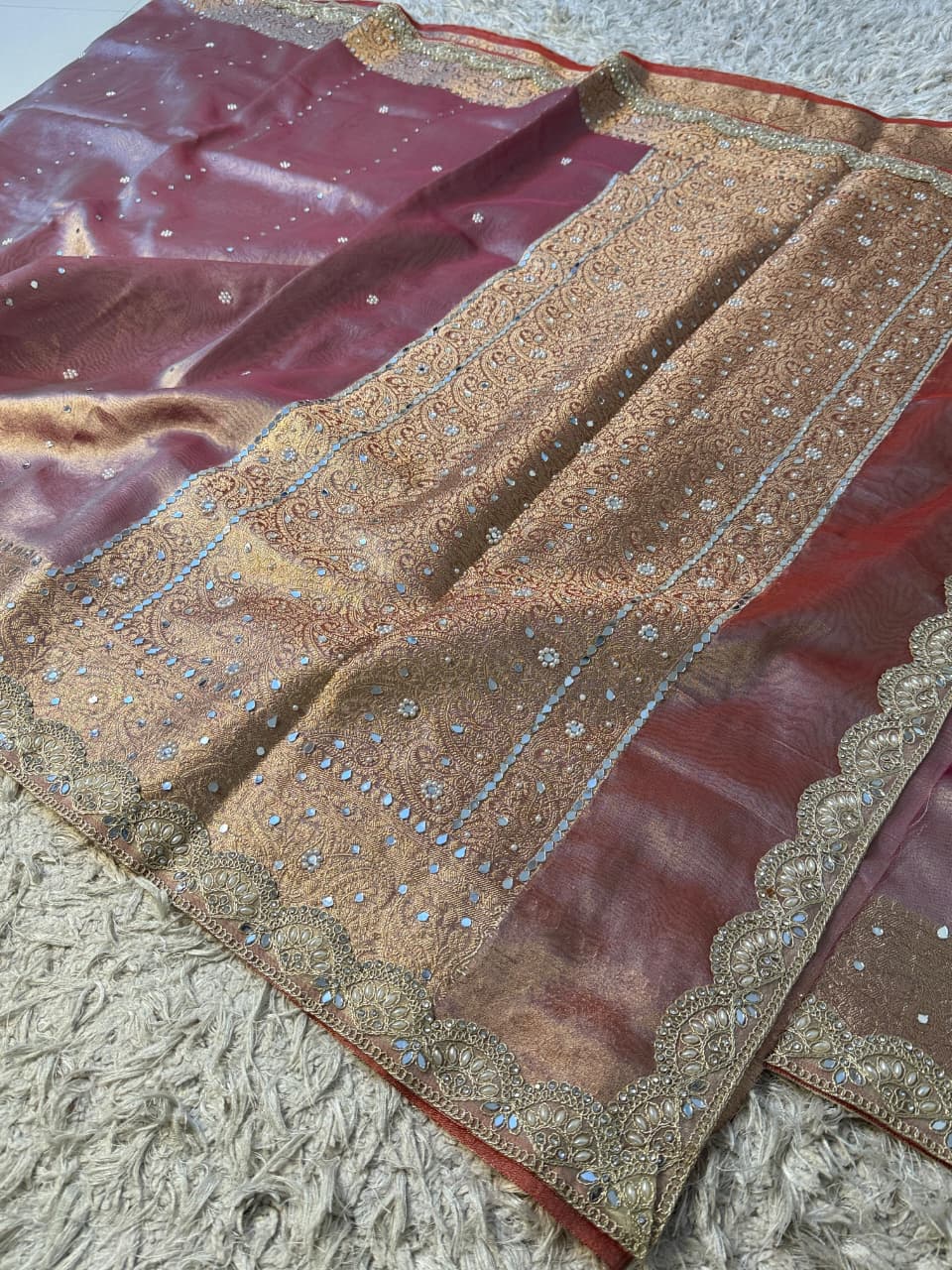 Elegant Tissue Mirror Work Saree with Designer Lace Border