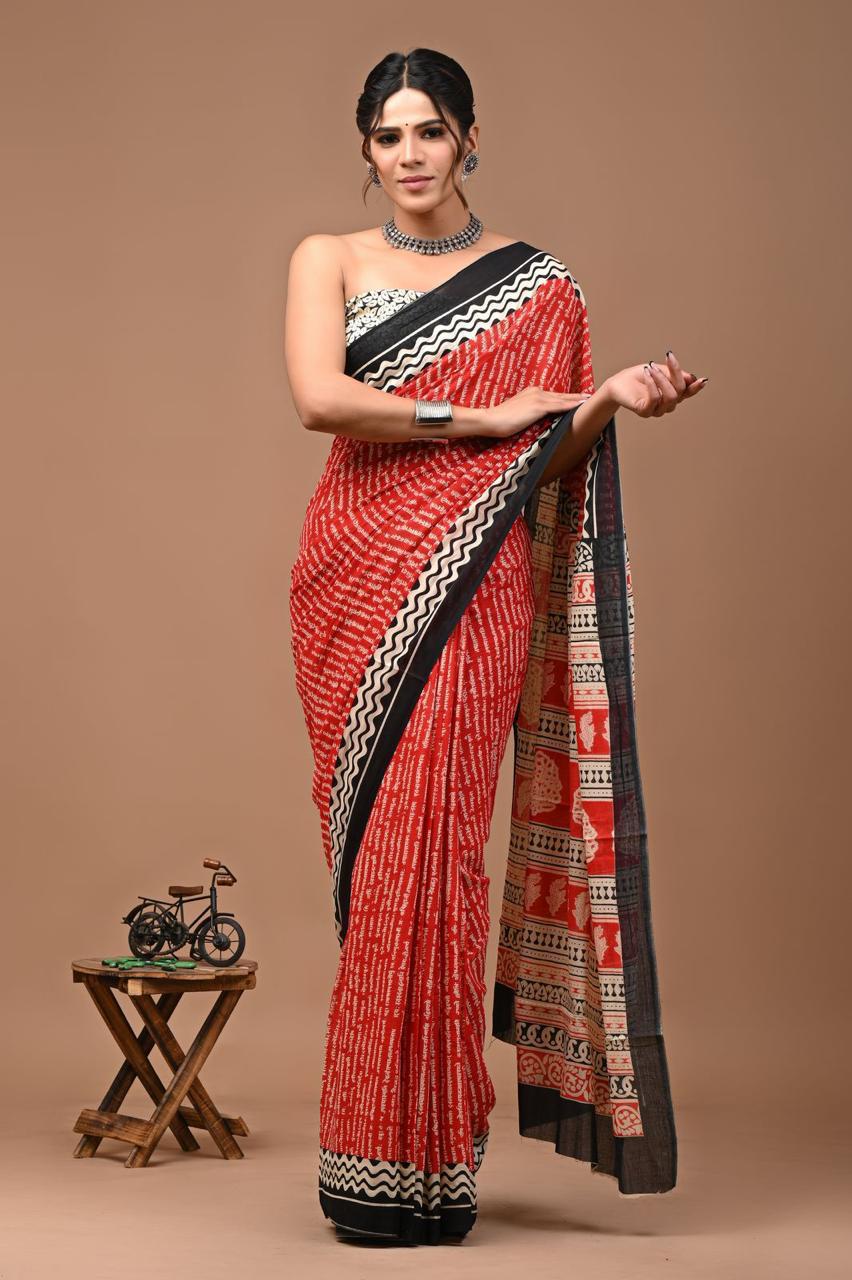 Pure Mulmul Cotton hand block Print Saree with Blouse