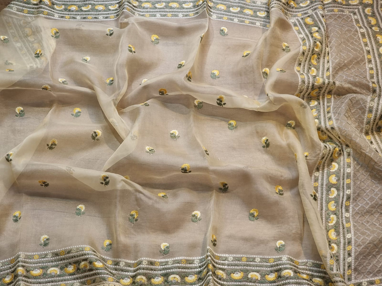 Pure Organza Silk Embroidery Border Buti Saree With Heavy Blouse