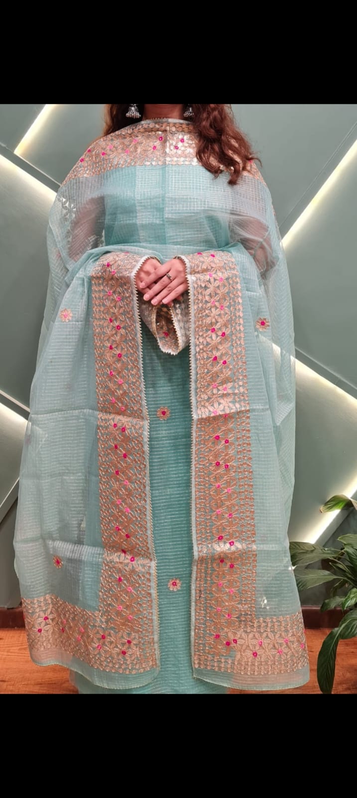 Kota-Doria Unstitched Suit with Embroidey Work