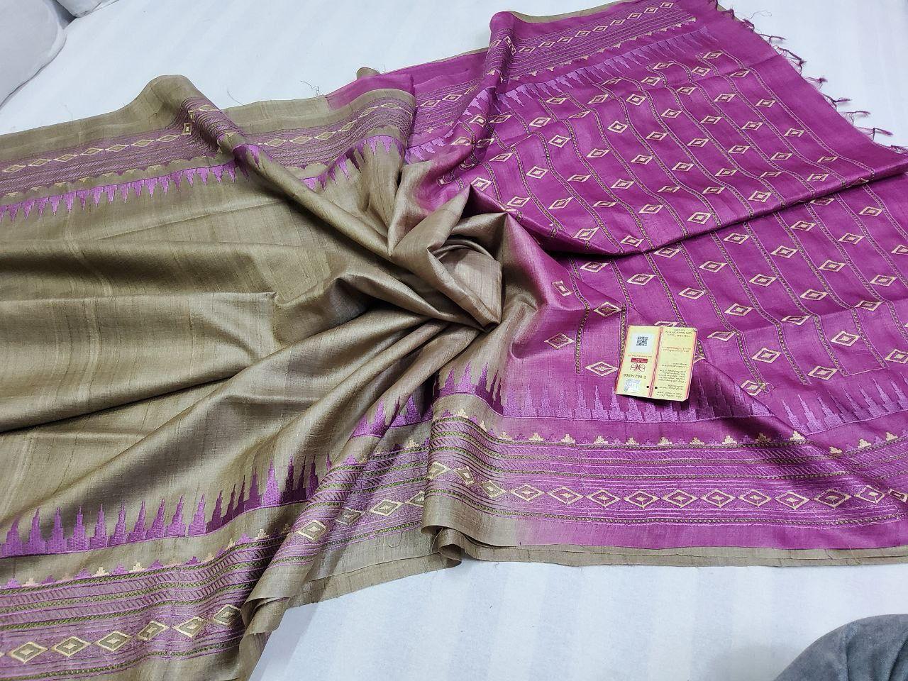 Pure Tussar By Tussar Silk Embroidery Work Saree With Running Blouse.