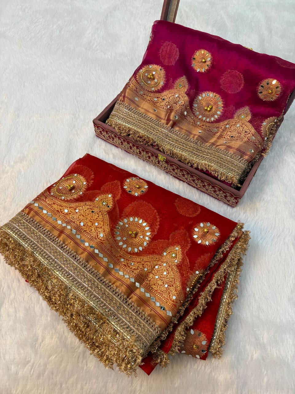 Premium Banarasi Tissue Zari Weaving Saree with Ghungroo Handwork Border