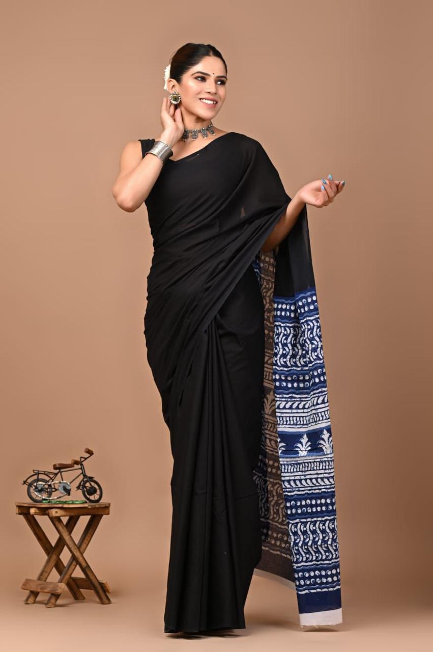 Pure Mulmul Cotton hand block Print Saree with Blouse