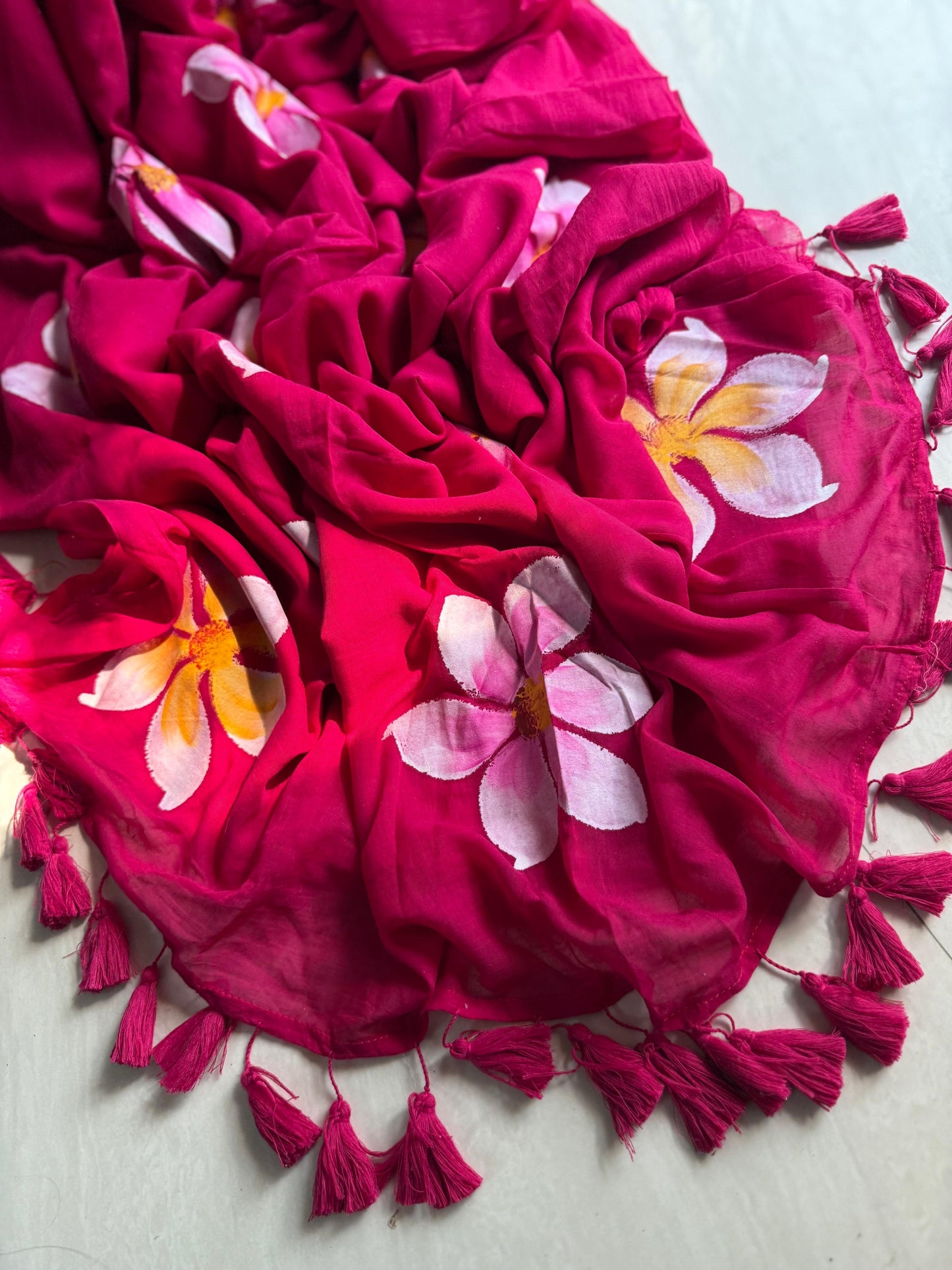 Beautiful Mulmul Cotton Flowers design Hand Painted Saree