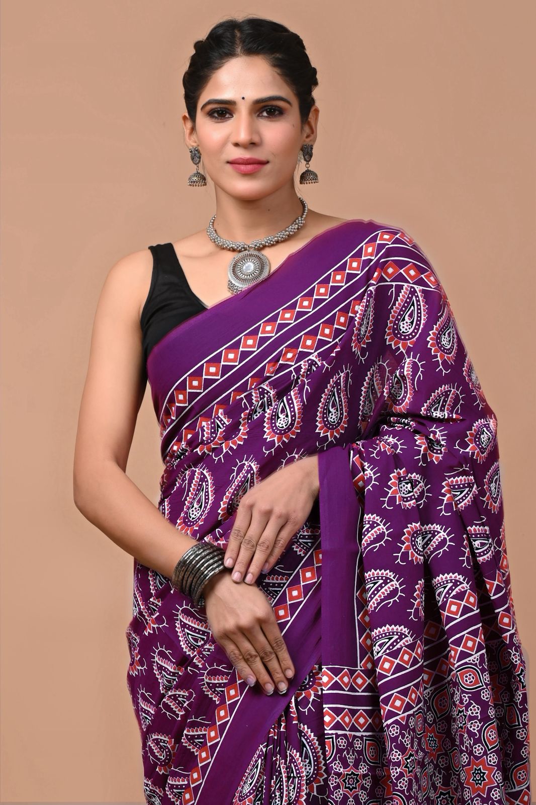 Pure Mulmul Cotton hand block Print Saree with Blouse