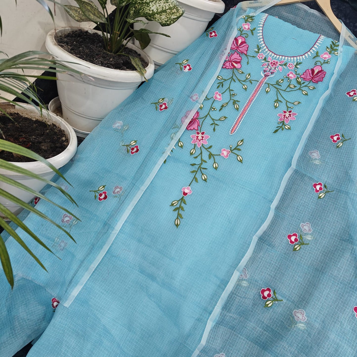 Kota Doria Embroidery work Unstitched Suit