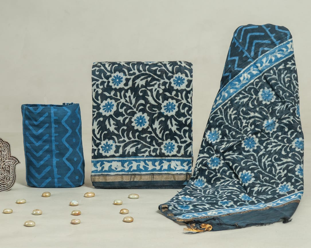 Hand Block Print Chanderi Silk Unstitched Suit