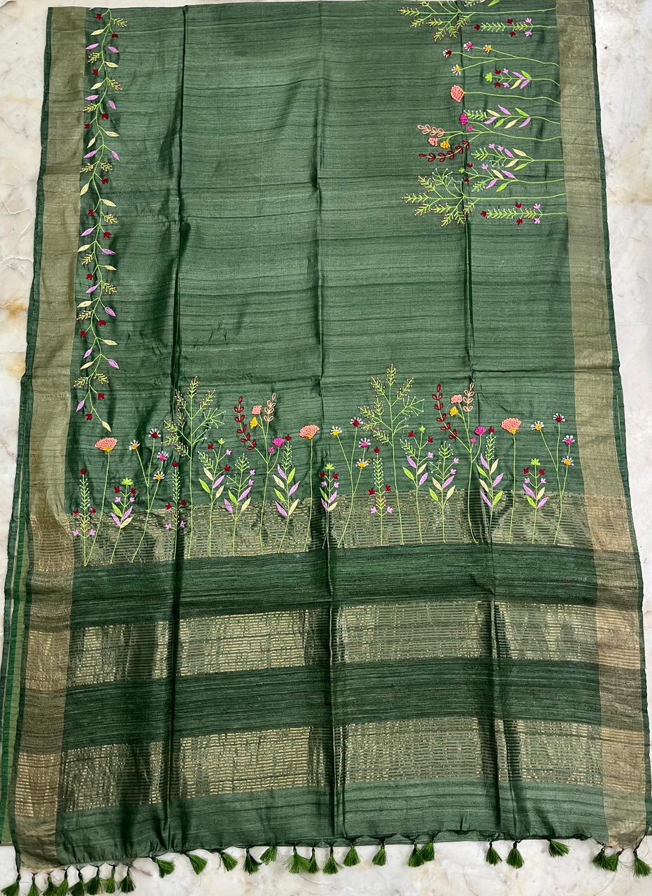 Pure Desi Tussar By Tussar Silk Embroidery Work Saree With Running Blouse.