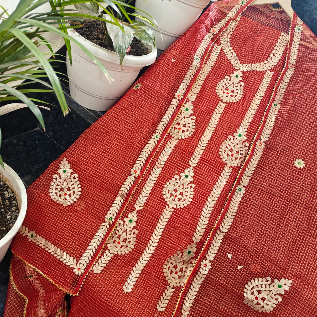 Pure Kota-Doria Unstitched Suit Gota Patti work Work