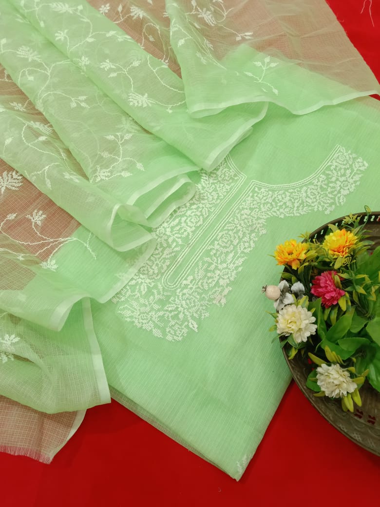 Pure Kota-Doria Unstitched Suit with Embroidery Work