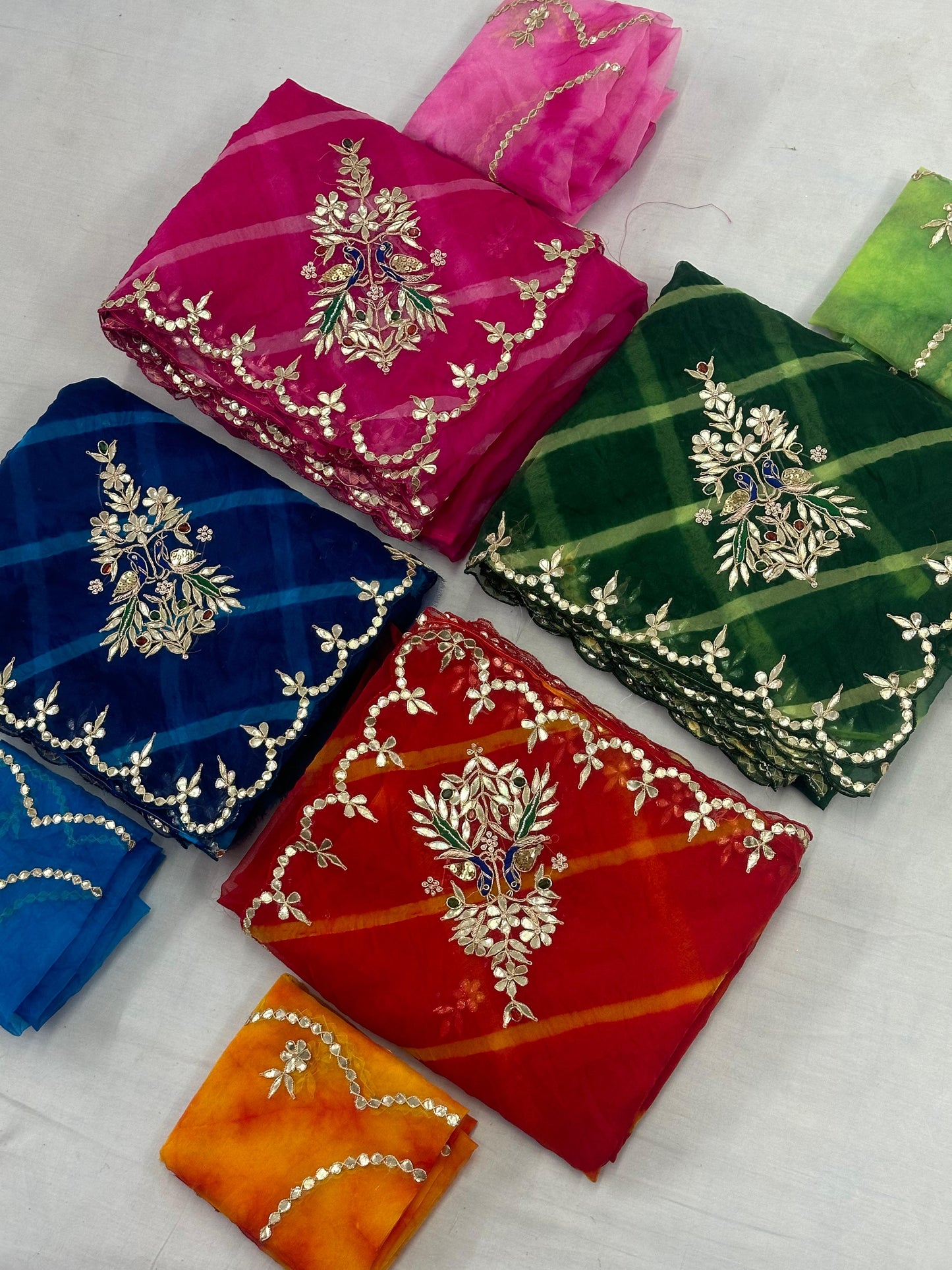 Desinger Organza Leheriya Pattern Gota Patti Work Saree With Contrast Blouse