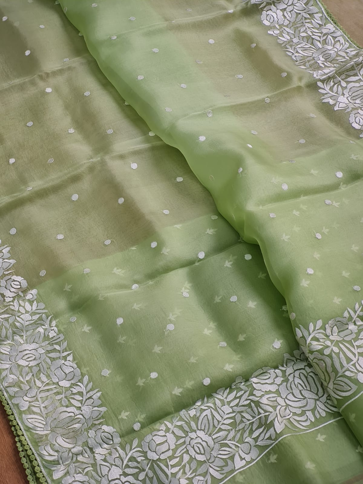 Pure Organza Silk Parsi Embroidery Work Saree With Heavy Blouse