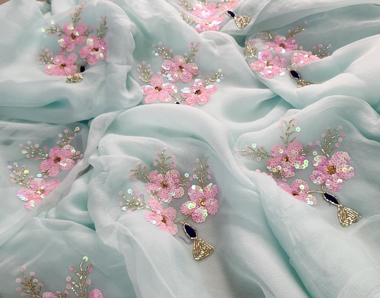 pure jaipuri chiffon hand work saree